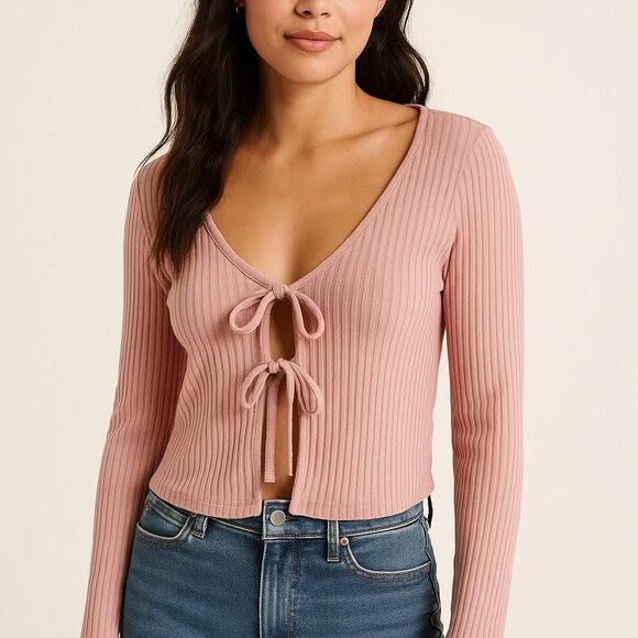 Hollister Sweaters - Hollister Medium Pink Tie Front Ribbed Crop Cardigan Y2K Preppy Boho Sweater